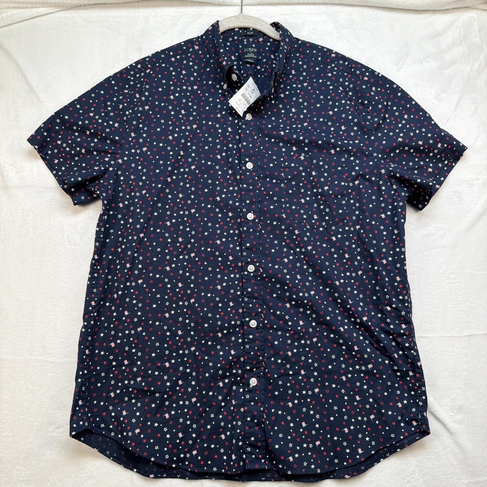 J Crew Slim Short Sleeve Button Down Shirt Flag Print Blue Large - Picture 2 of 10